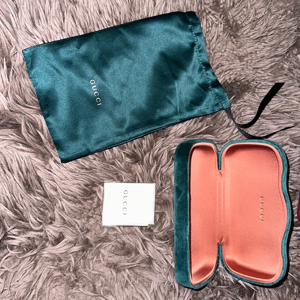 Gucci suede sunglass box, brand new with silk bag and cloth wipe in packaging